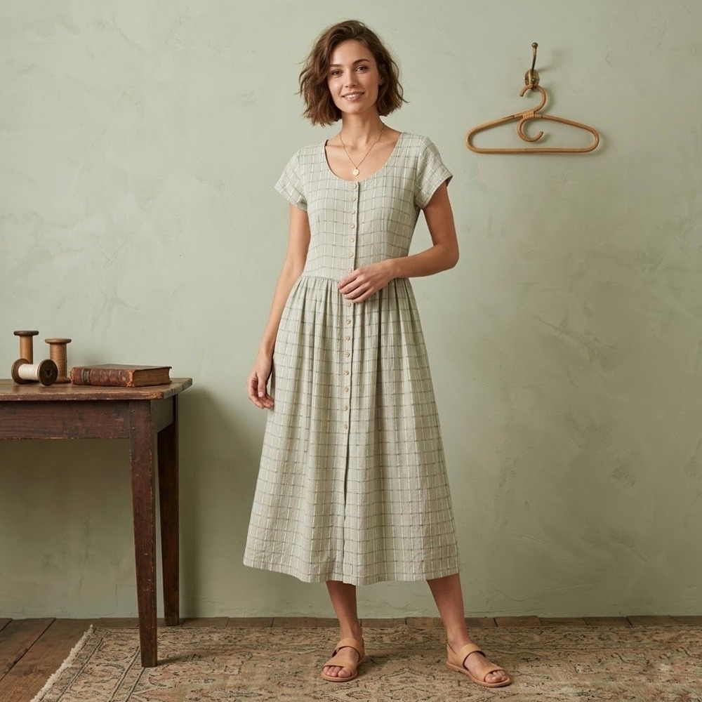 Vintage | Bijaun |‎ Sage Green Windowpane Button Front Tie Back Maxi Dress 13